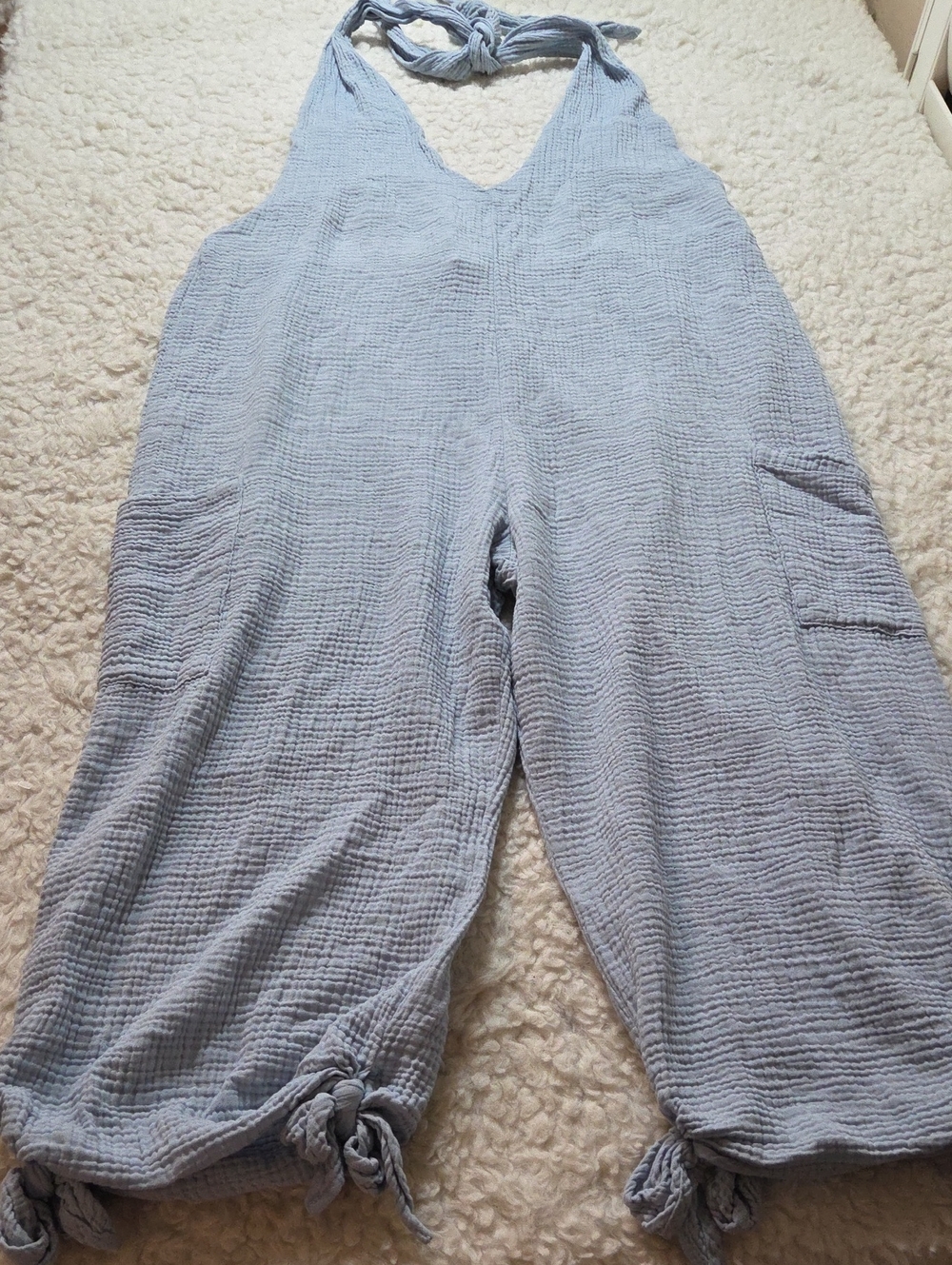 HYFVE Light Blue V-Neck Cotton Gauze Jumpsuit with Tie Ankles Sz L Oversized Fit - Picture 5 of 13